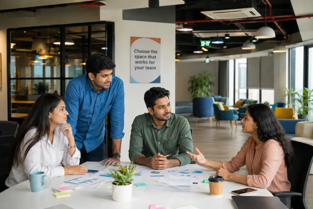 Modern team workspace in Pune with collaborative coworking desks and office meeting setup.