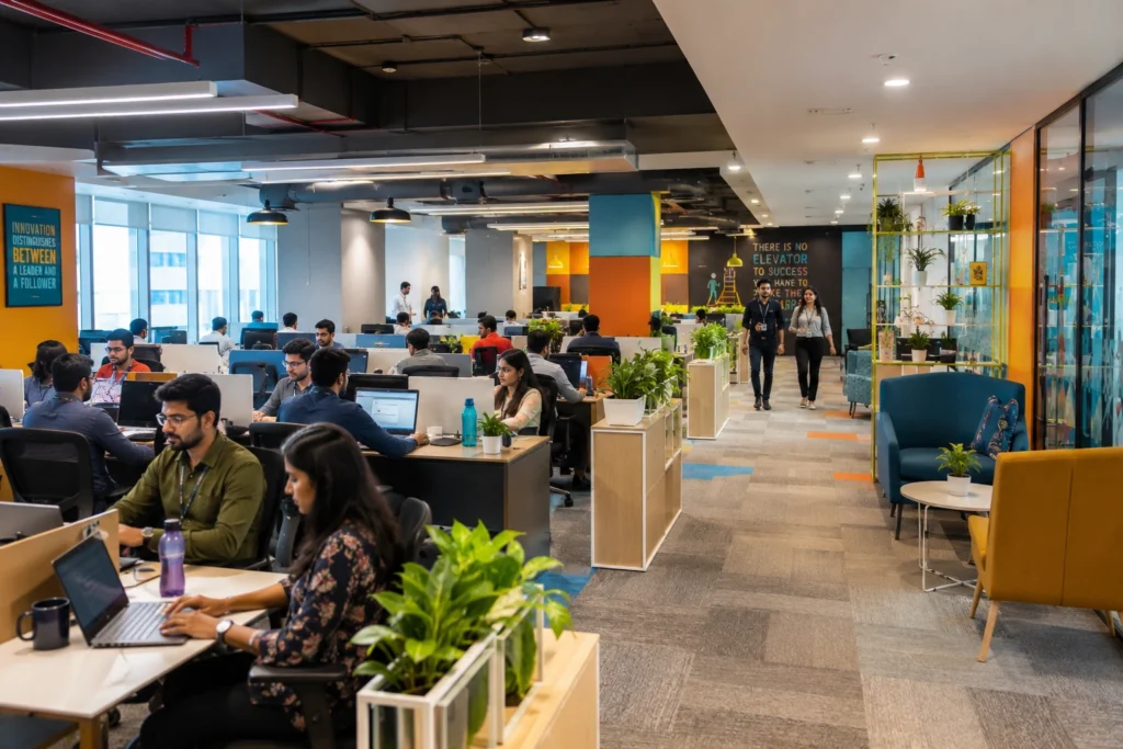 Modern GCC team collaborating in an advanced coworking office space with AI-driven workflow