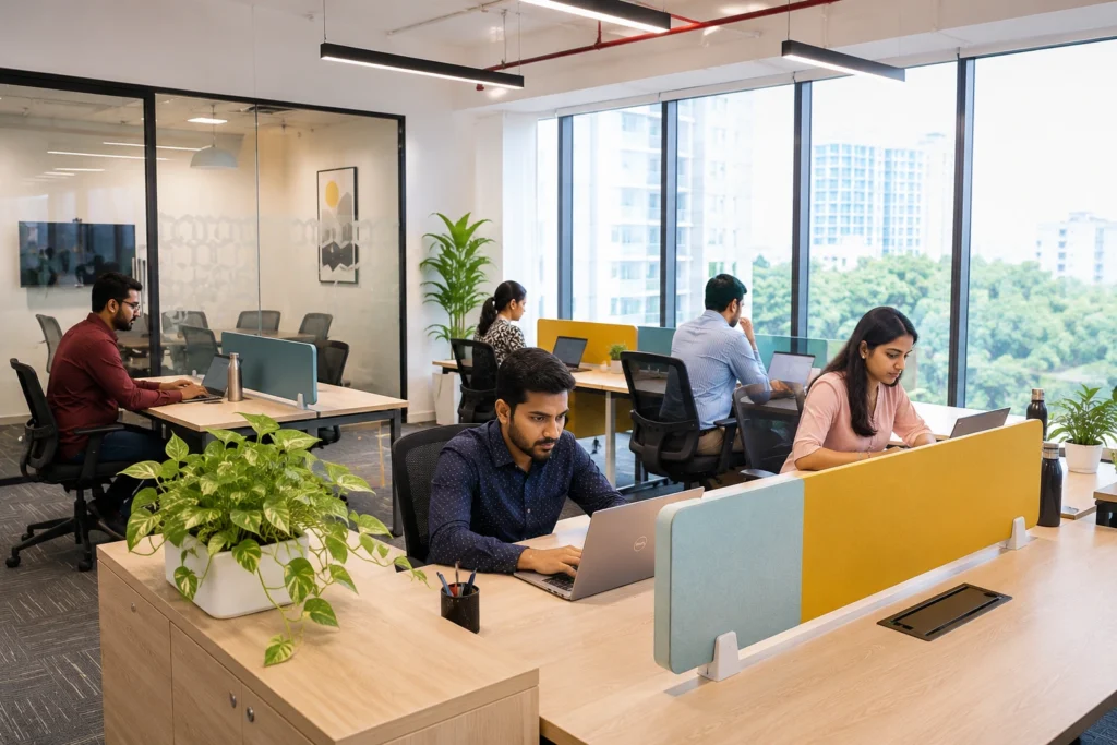 Modern managed office workspace in Pune with employees working in a bright, well-furnished setting